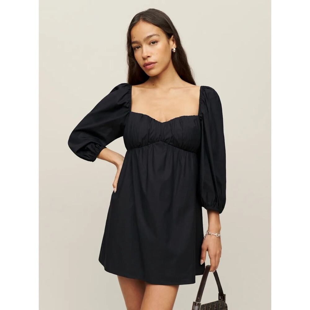 Reformation Farley Puff Sleeve Sweetheart Cotton Babydoll Mini Dress Black Sz 8